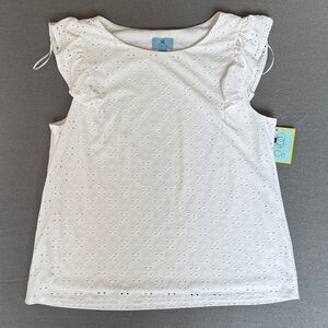 NEW CeCe Women’s White Eyelet Ruffle top cap sleeves size large. Fully lined